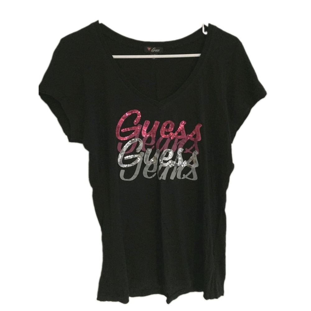 Guess Shirt Womens XL Black Sequin Logo Graphic V Neck Short Sleeve Cotton